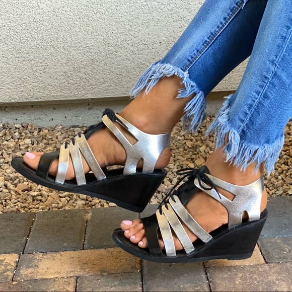 Distressed Leather Lace Up Kitten Wedge Sandal - Picture 2 of 12